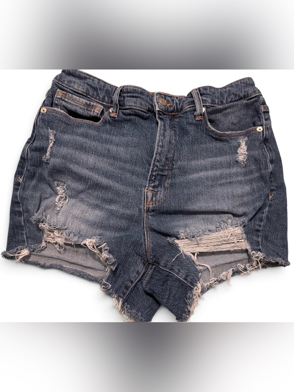GOOD AMERICAN Dark Denim Distressed Jean Shorts 10/30